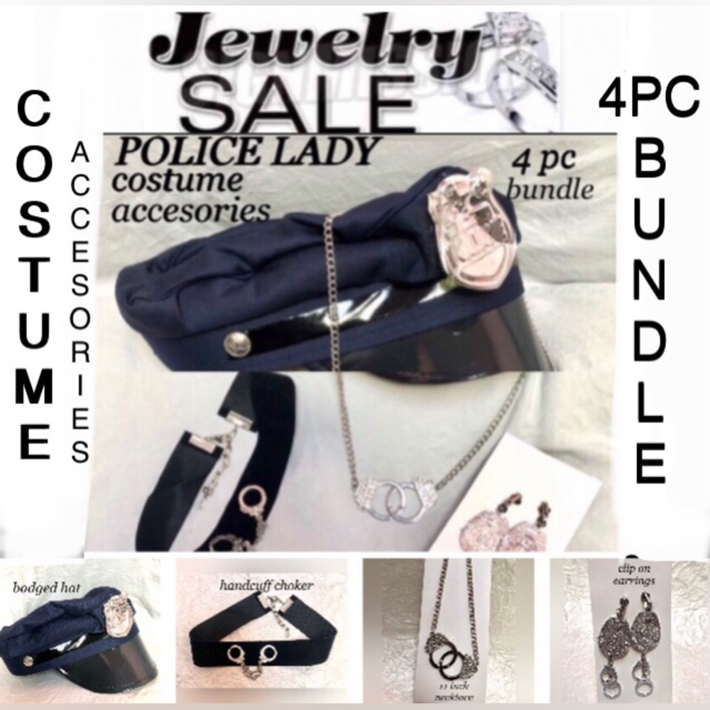 POLICE LADY handcuffed hat & jewelry costume accessories NWOT bundle